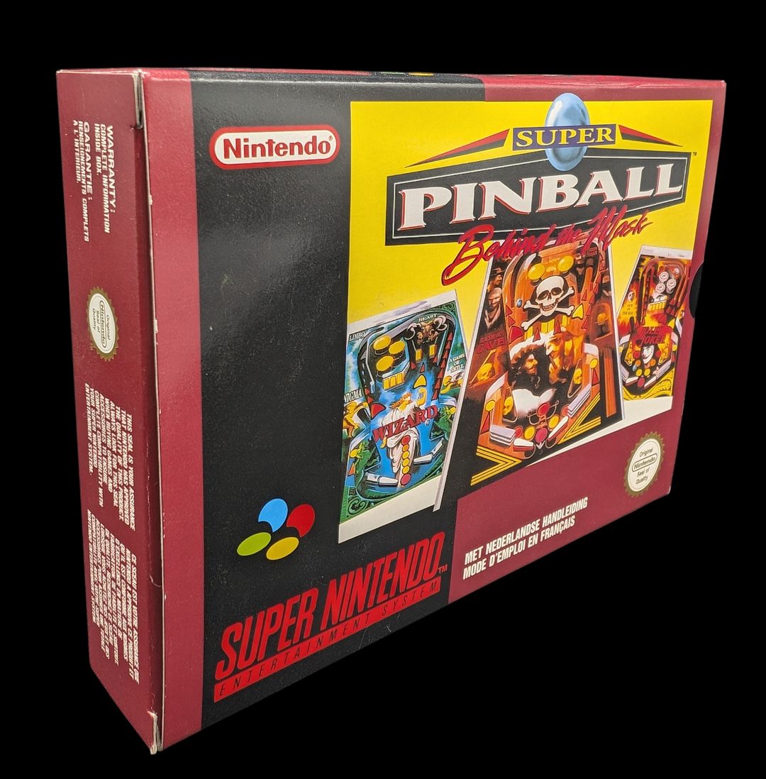 Nintendo - Super NES - Jeu Super Pinball, Behind the Mask. Avec boîte, notices, poster, cale en carton. Version du jeu FAH.