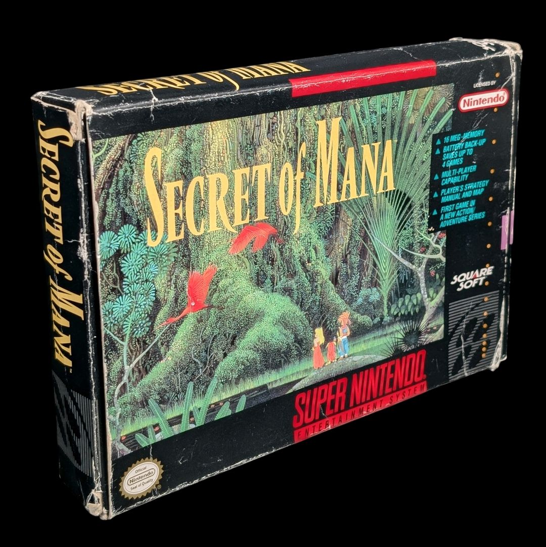 Nintendo - Super NES - Jeu : Secret Of Mana. Avec boîte, cartouche, notice, sachets de protection pour la cartouche & la notice, cale en carton. Version du jeu NTSC (USA/CAN).