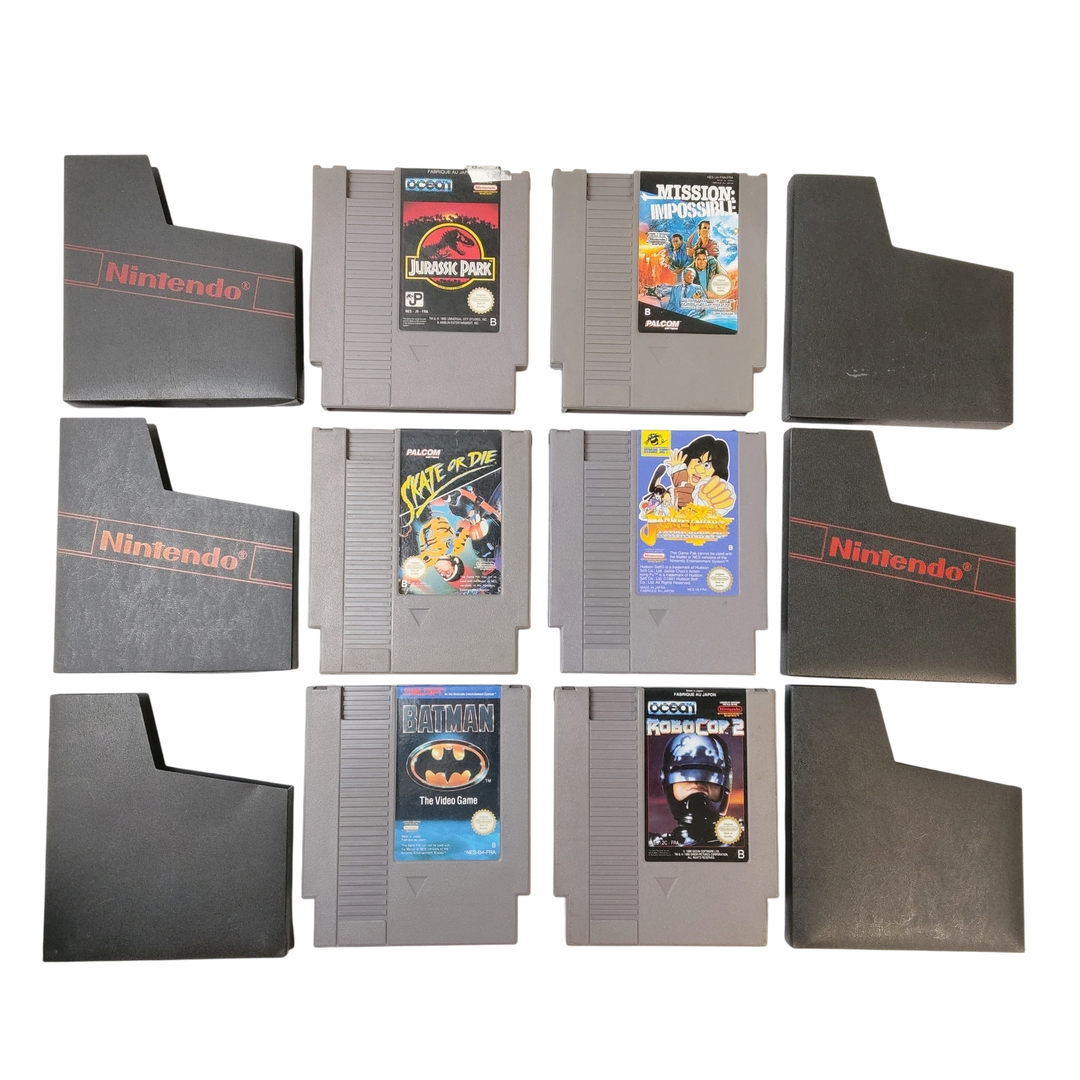 Nintendo – NES – Lot de 6 jeux : Robocop 2, Batman, Jackie Chan&rsquo;s, Mission Impossible, Skate or Die, Jurassic Park. Avec fourreaux. Version des jeux FAH.