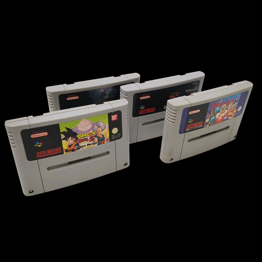 Nintendo – Super Nes – Lot de 4 jeux : Mortal Kombat 2, Mortal Kombat 3, Dragon Ball Z Ultime Menace , Super Punch Out. Cartouches seules. Version des jeux EUR / FAH / UKV.