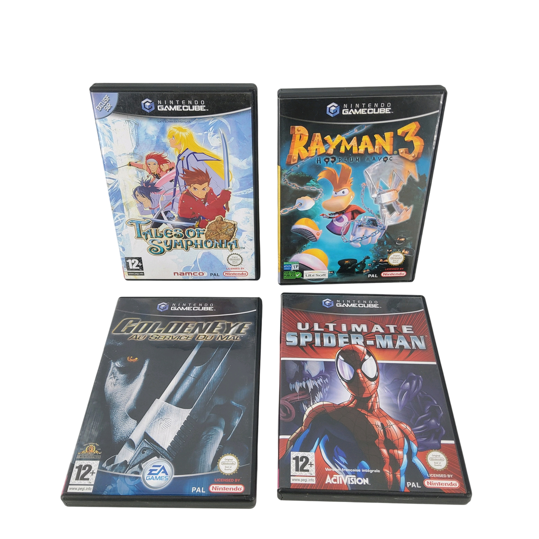Nintendo – GameCube – Lot de 4 jeux : Tales of Symphonia, Rayman 3 Hoodlum Havoc, Ultimate Spider Man, Golden Eye Au service du mal. Avec notices, boîtes. Version des jeux PAL.