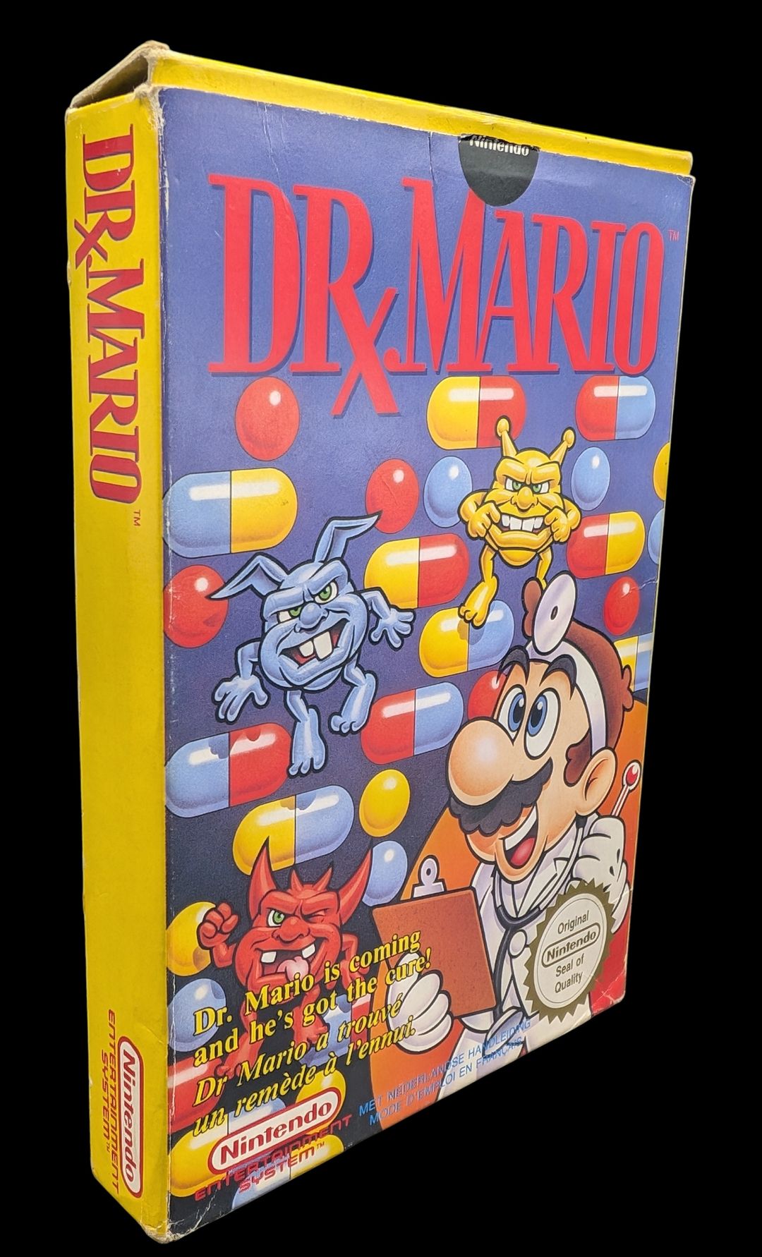Nintendo – Nes – Jeu Dr X Mario. Avec boîte, fourreau (étiquette présente, voir photos), notice, cale en polystyrène. Version du jeu FAH.