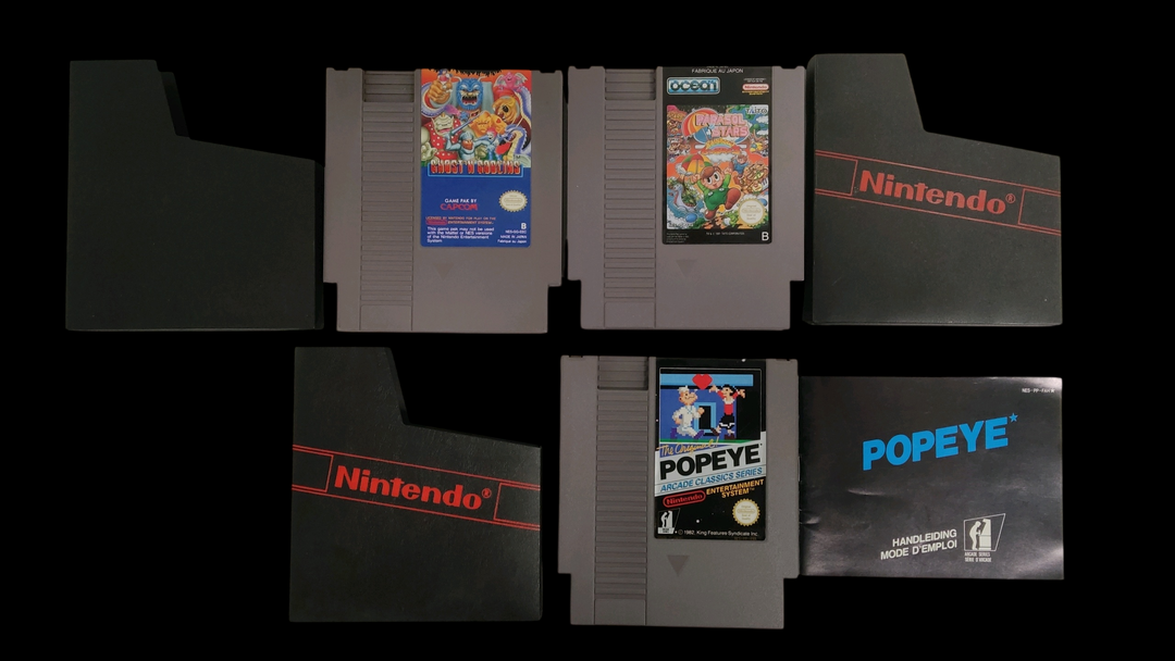 Nintendo – NES – Lot de 3 jeux : Popeye, Ghost&rsquo;n Goblins, Parasol Stars. Avec fourreaux, 1 notice. Version des jeux FAH.