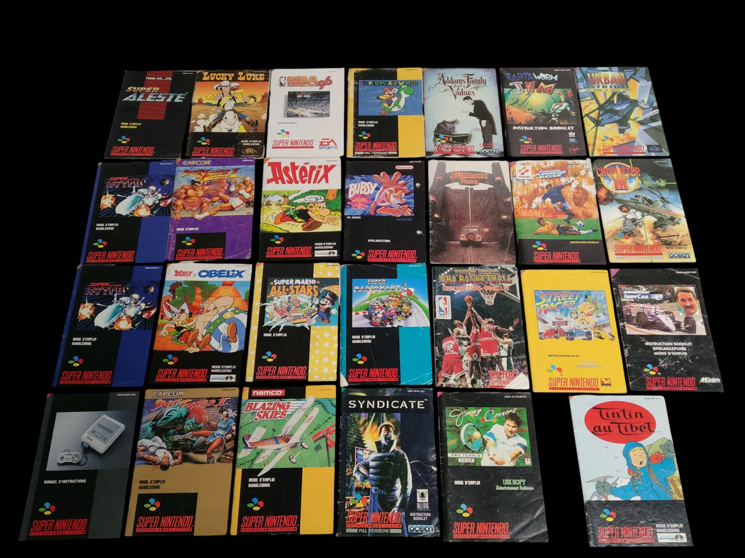 Super Nes – Lot de 27 notices dont R-Type, Super Mario Kart, Super Mario All Stars, Blazing Skies, Asterix & Obelix.
