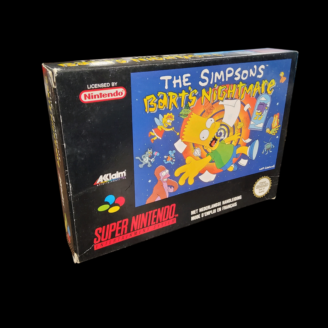 Nintendo – Super Nes – Jeu : The Simpson&rsquo;s Bart&rsquo;s Nightmare. Avec boîte, cale en carton, notice. Version du jeu FAH.