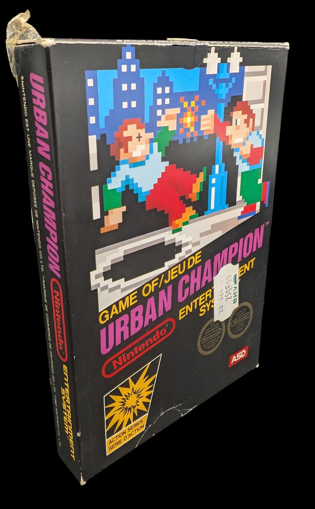 Nintendo – Nes – Jeu Urban Champion. Avec boîte (déchirure au verso, voir photos), fourreau, notice, cale en polystyrène. Version du jeu FRA. Mention ASD (Première distribution française).