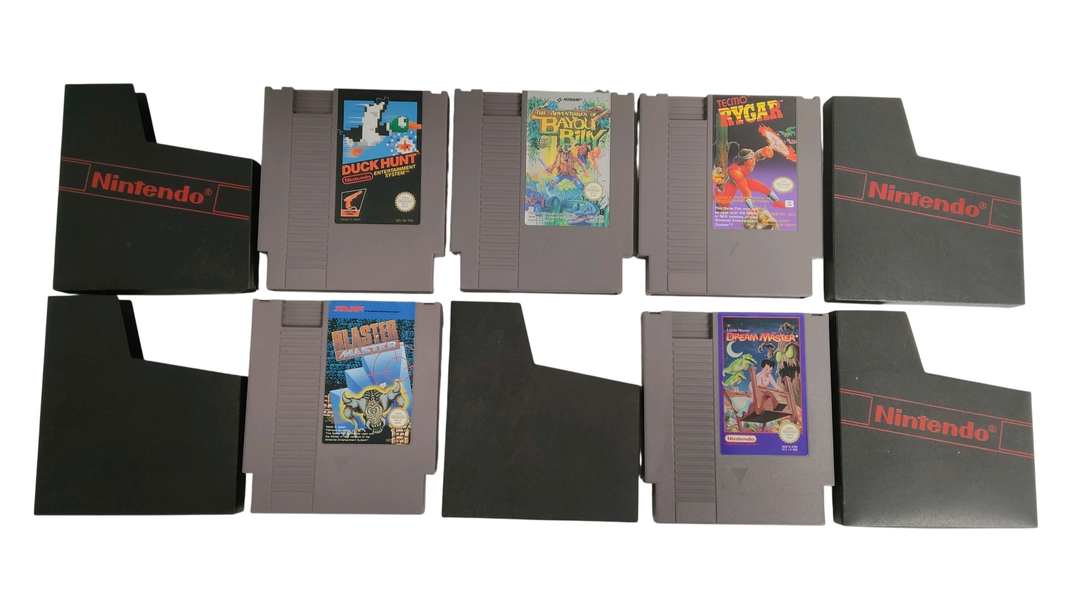 NES – NINTENDO – Lot de 5 jeux comprenant : Dream Master, Rygar, The adventures of Bayou Billy, Duck Hunt, et Blaster Master – Avec fourreau
