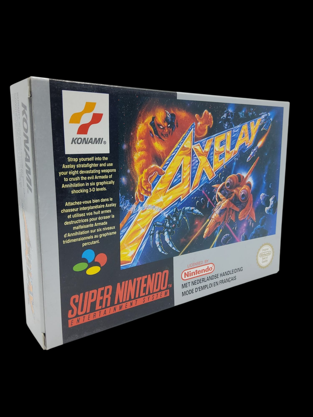 Nintendo – Super Nes – Jeu : Axelay. Avec boîte, cale en carton, notice. Version du jeu FAH.