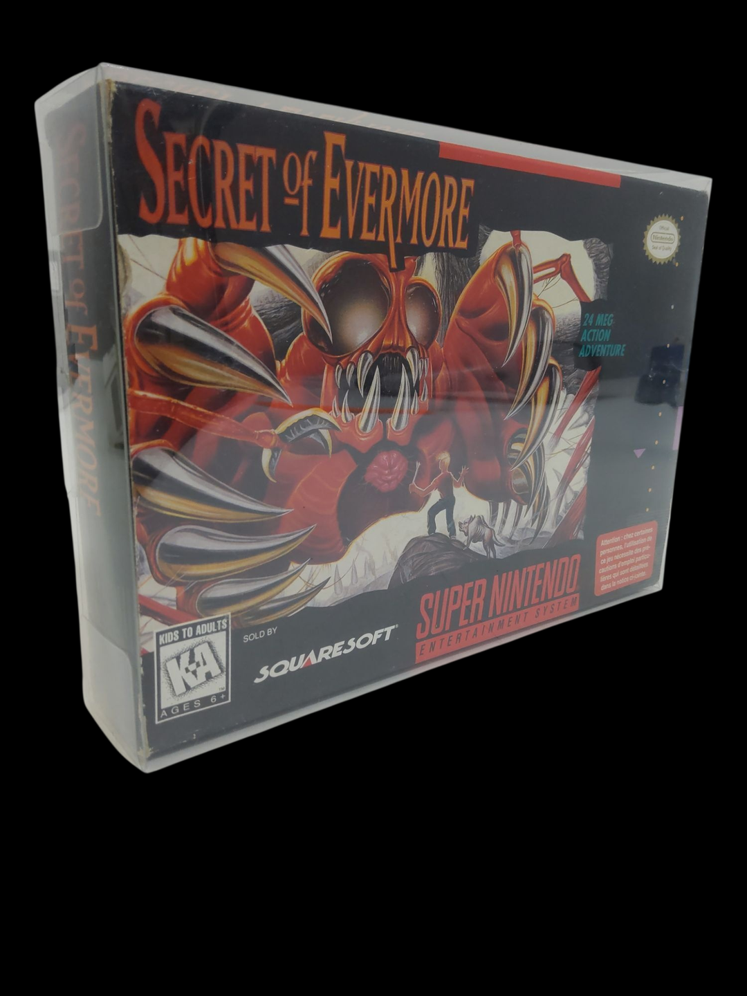 Nintendo – Super Nes – Jeu : Secret of Evermore. Avec poster, notice, cale, boîte, crystal box. Version du jeu NTSC (USA/CAN).