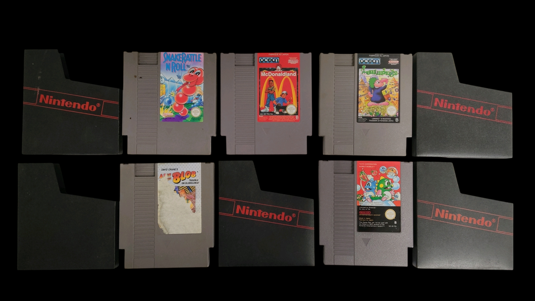 Nintendo – NES – Lot de 5 jeux : A boy and his blob, Skate Rattle N Roll, Bubble Bobble, McDonaldland, Lemmings. Avec fourreaux. Version des jeux FAH.